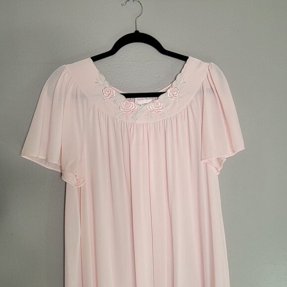 Vintage Shadowline Nightgown Sleep Dress Pink Floral Embroidered Neckline M - Picture 3 of 6
